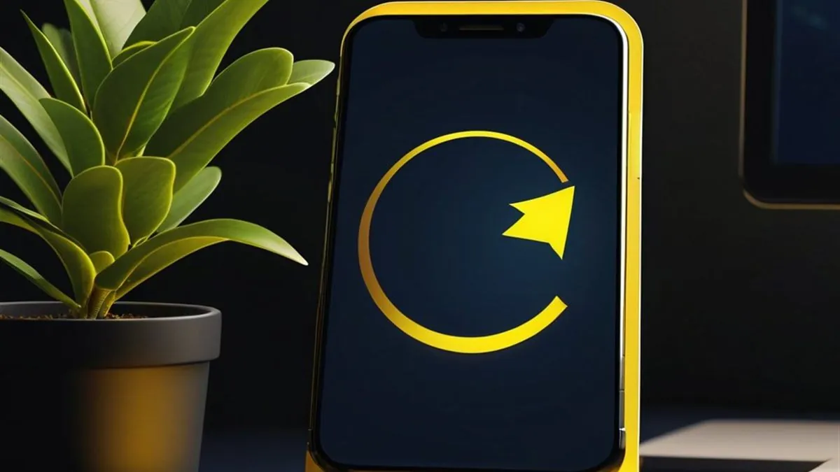 Celular en una base amarilla con una flecha circular en pantalla junto a una planta