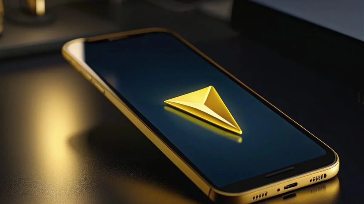 Celular dorado con una flecha amarilla luminosa en pantalla sobre un escritorio oscuro