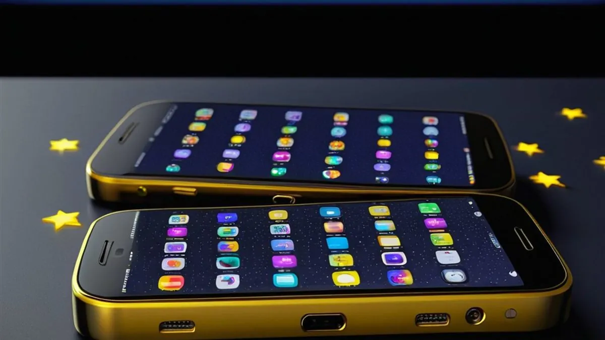 Dos celulares dorados con cuadrículas de iconos de colores y estrellas alrededor
