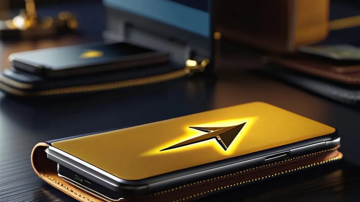 Celular con funda amarilla y una flecha en pantalla sobre una cartera de piel