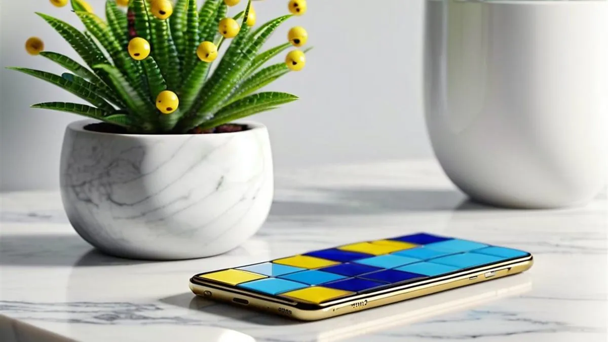 Celular sobre una mesa de mármol blanco con mosaicos azules y amarillos junto a plantas