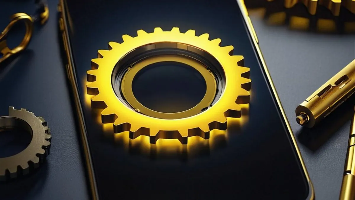 Celular con un engrane dorado luminoso en pantalla rodeado de engranes y herramientas